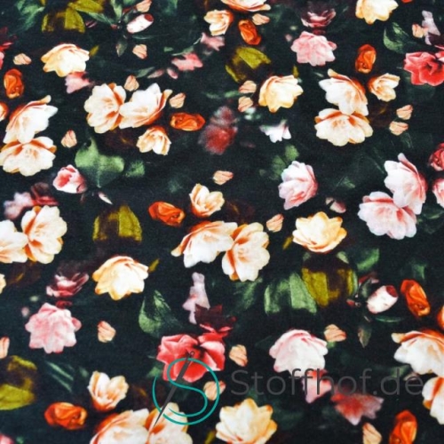 Baumwolljersey Herbst Rosen/ Schwarz