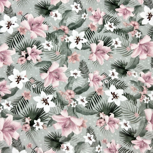 French Terry Sommersweat Rosa Blumen / Grau