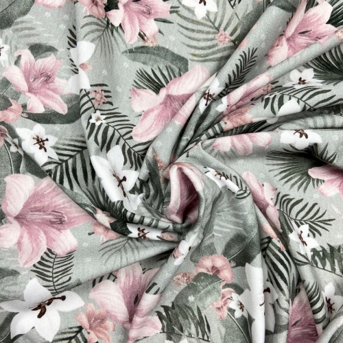 French Terry Sommersweat Rosa Blumen / Grau