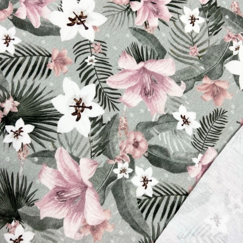 French Terry Sommersweat Rosa Blumen / Grau