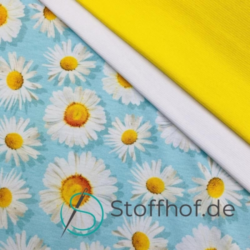 Baumwolljersey Gänseblümchen / Helltürkis