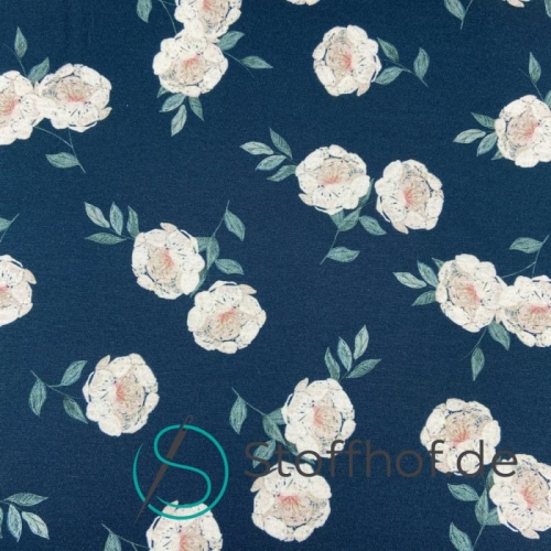 Baumwolljersey Weiße Blumen / Dunkelpetrol-Navy