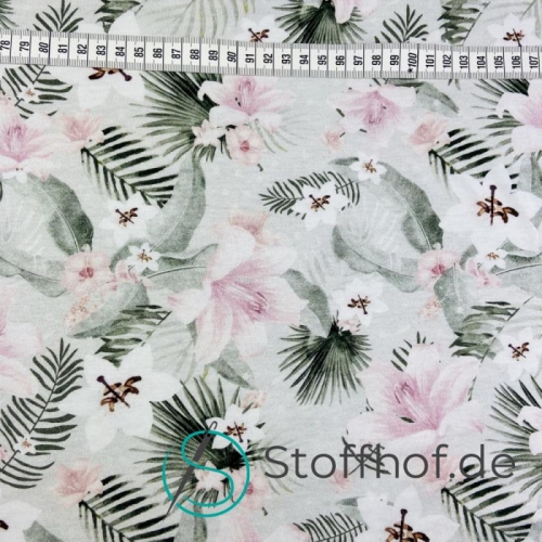 Baumwolljersey Rosa Blumen / Hellgrau