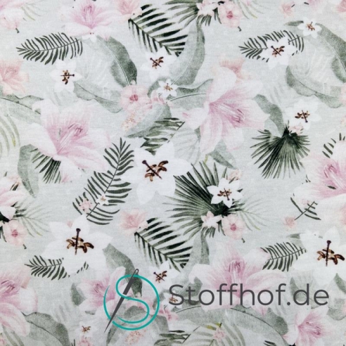 Baumwolljersey Rosa Blumen / Hellgrau