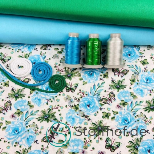 Baumwolle Blaue Rosen und Schmetterlinge