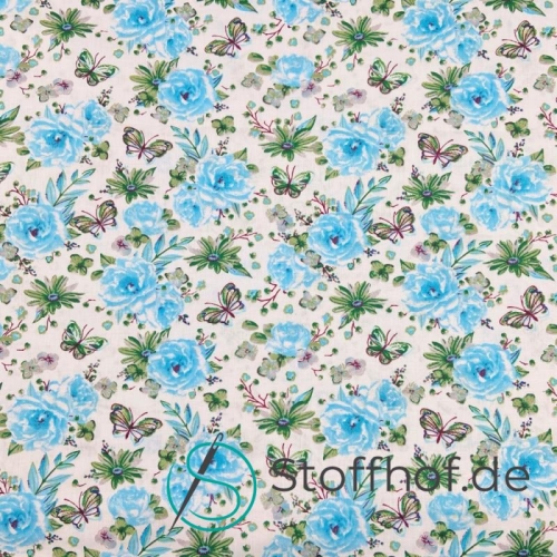 Baumwolle Blaue Rosen und Schmetterlinge