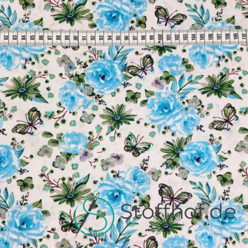 Baumwolle Blaue Rosen und Schmetterlinge