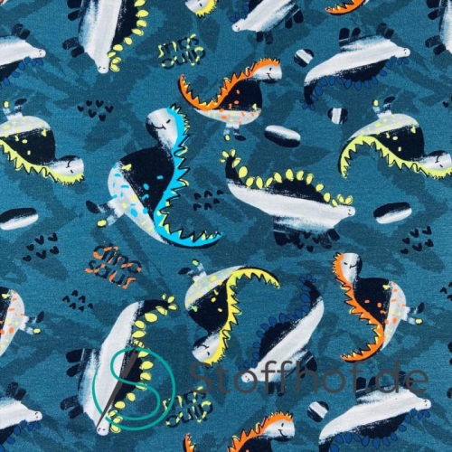 French Terry Sommersweat Dinosaurier / Dunkel Blau