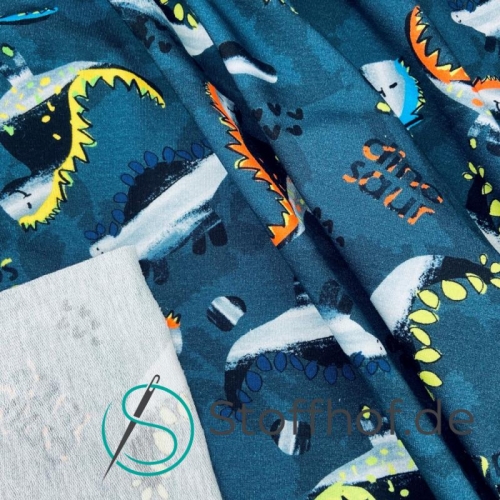 French Terry Sommersweat Dinosaurier / Dunkel Blau