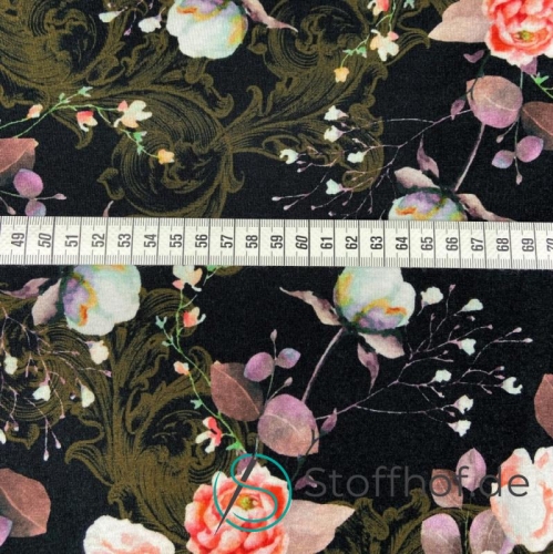 Baumwolljersey Boho Blumen / Schwarz mit Elasthan