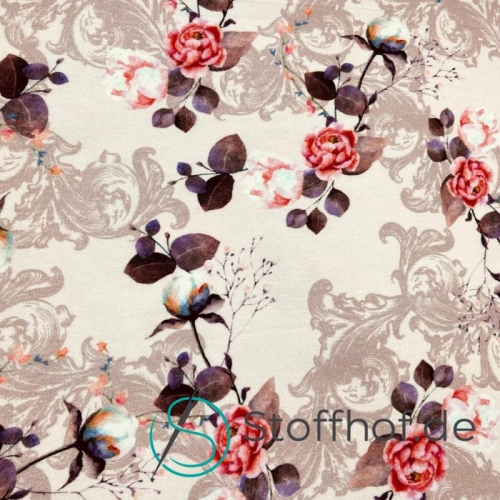 French Terry Sommersweat Boho Blumen / Rosa-Beige