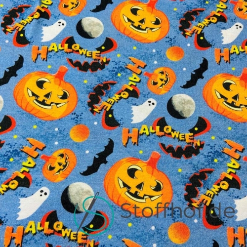 Reststück - Baumwolljersey Halloween Kürbis / Blau 95cm
