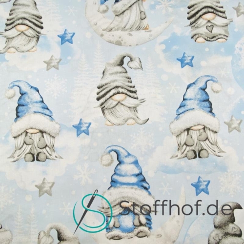 Baumwolle Weihnachtsgnome im Mondschein / Hellblau