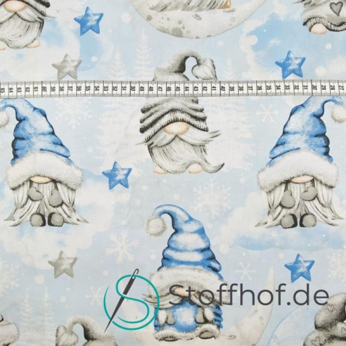 Baumwolle Weihnachtsgnome im Mondschein / Hellblau