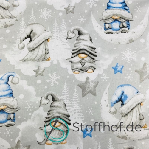 Baumwolle Weihnachtsgnome im Mondschein / Hellgrau