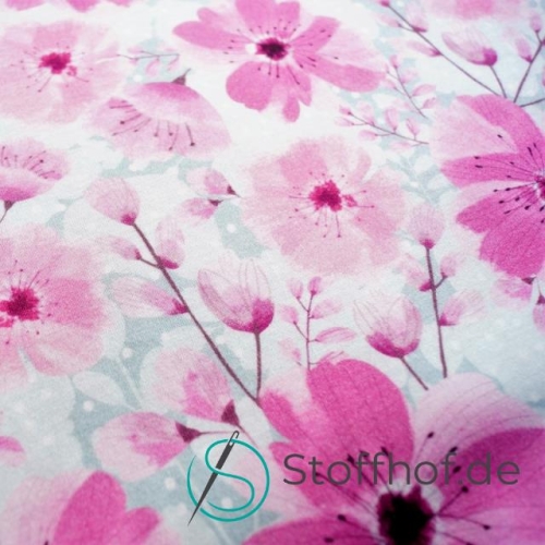 Baumwolljersey Rosa Mohnblumen / Grau