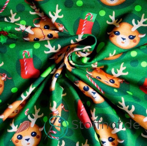 Baumwolljersey Weihnachten Süße Rentiere Grün