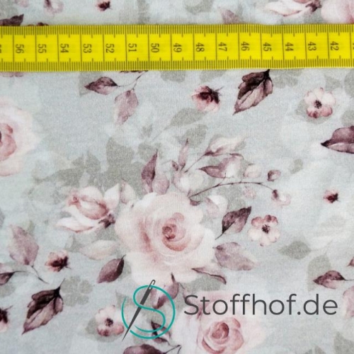 Baumwolljersey Weiße Rosen/ Grau