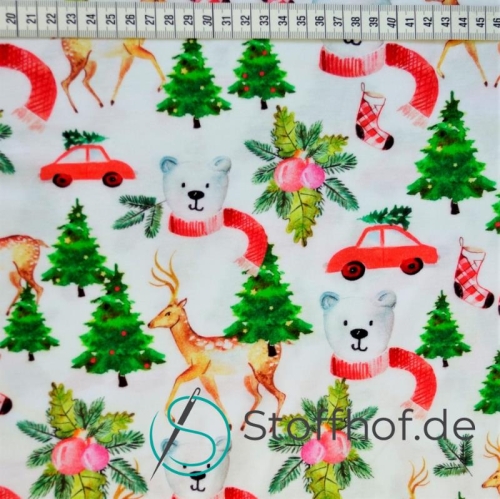 Baumwolljersey Weihnachten Eisbär und Reh / Weiß