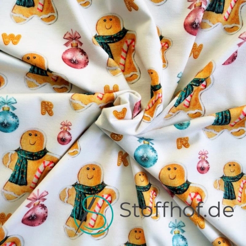 Baumwolljersey Weihnachten Lebkuchenmann / Weiß