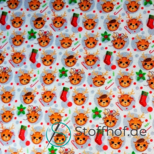 Baumwolljersey Weihnachten Mini Süße Rentiere Weiß