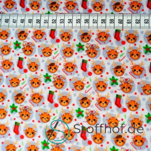 Baumwolljersey Weihnachten Mini Süße Rentiere Weiß