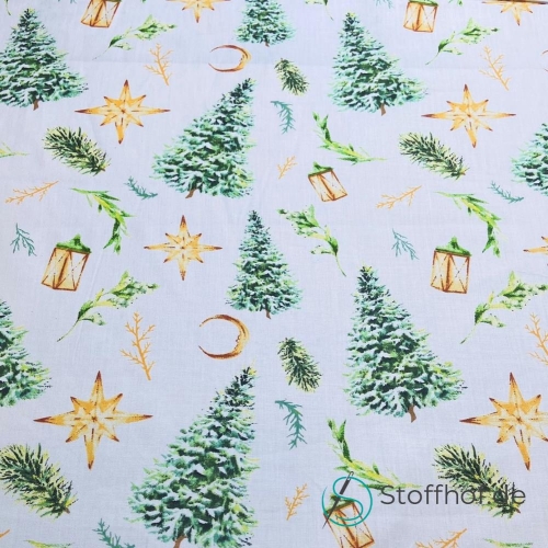 Baumwolle Tannenbäume Grün-Gold Weihnachten