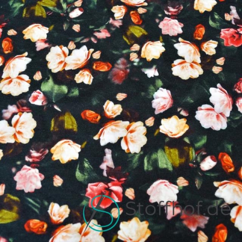 Baumwolljersey Herbst Rosen/ Schwarz