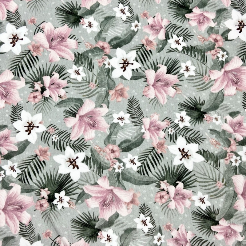 French Terry Sommersweat Rosa Blumen / Grau