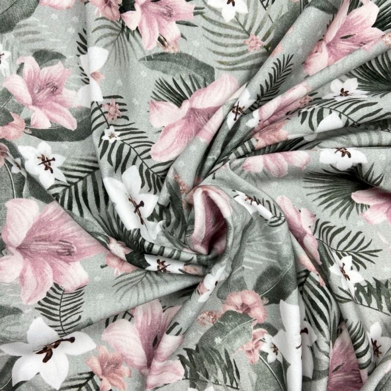French Terry Sommersweat Rosa Blumen / Grau