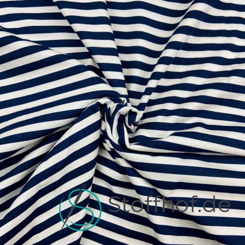Baumwolljersey Streifen Weiß-Navy 10mm