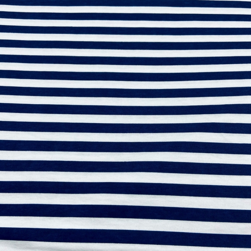 Baumwolljersey Streifen Weiß-Navy 10mm