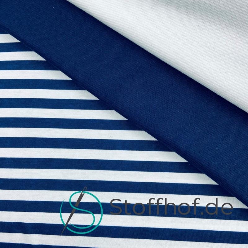 Baumwolljersey Streifen Weiß-Navy 10mm
