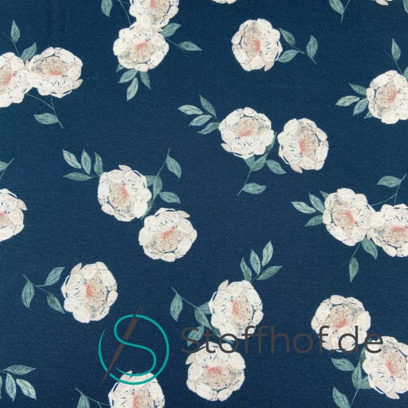 Baumwolljersey Weiße Blumen / Dunkelpetrol-Navy