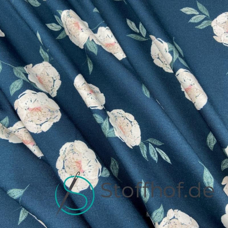 Baumwolljersey Weiße Blumen / Dunkelpetrol-Navy