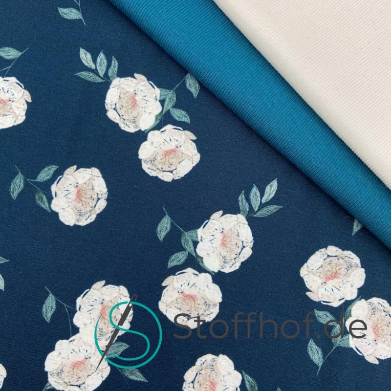 Baumwolljersey Weiße Blumen / Dunkelpetrol-Navy