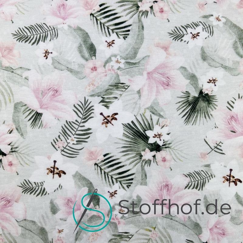 Baumwolljersey Rosa Blumen / Hellgrau