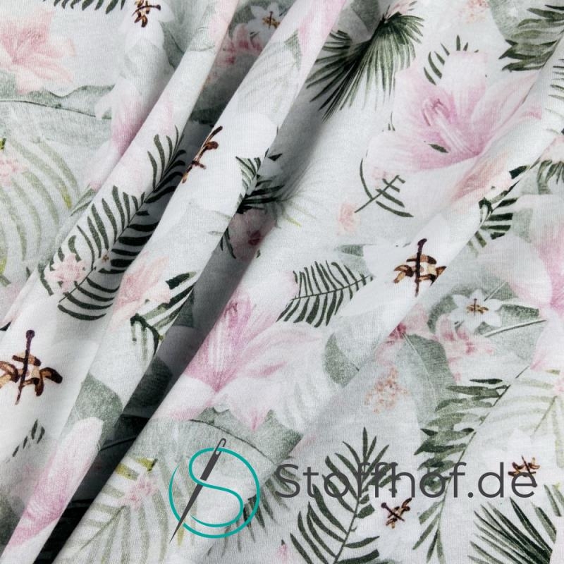 Baumwolljersey Rosa Blumen / Hellgrau