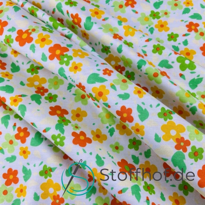Baumwolljersey Retro Blumen Orange Grün