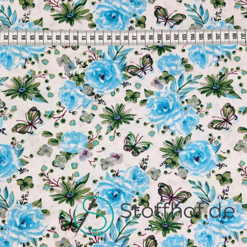 Baumwolle Blaue Rosen und Schmetterlinge