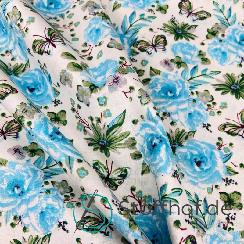 Baumwolle Blaue Rosen und Schmetterlinge