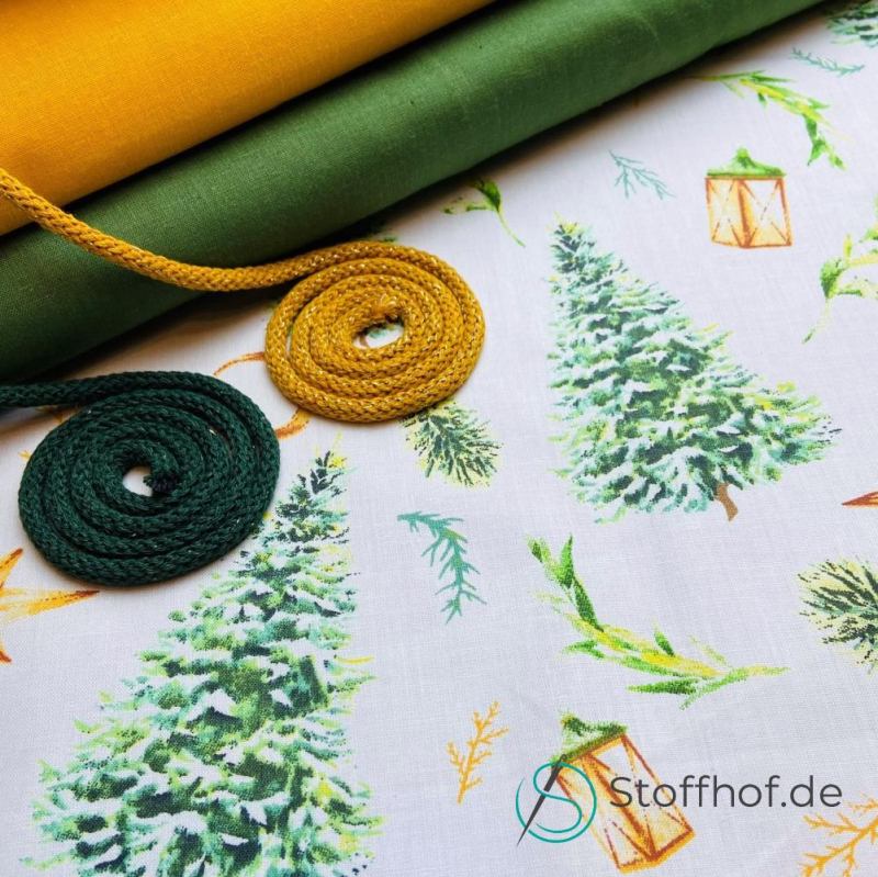 Baumwolle Tannenbäume Grün-Gold Weihnachten