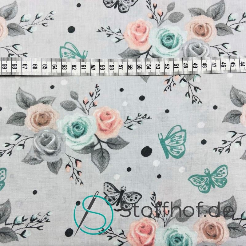 Baumwolle Pastell Rosen / Grau