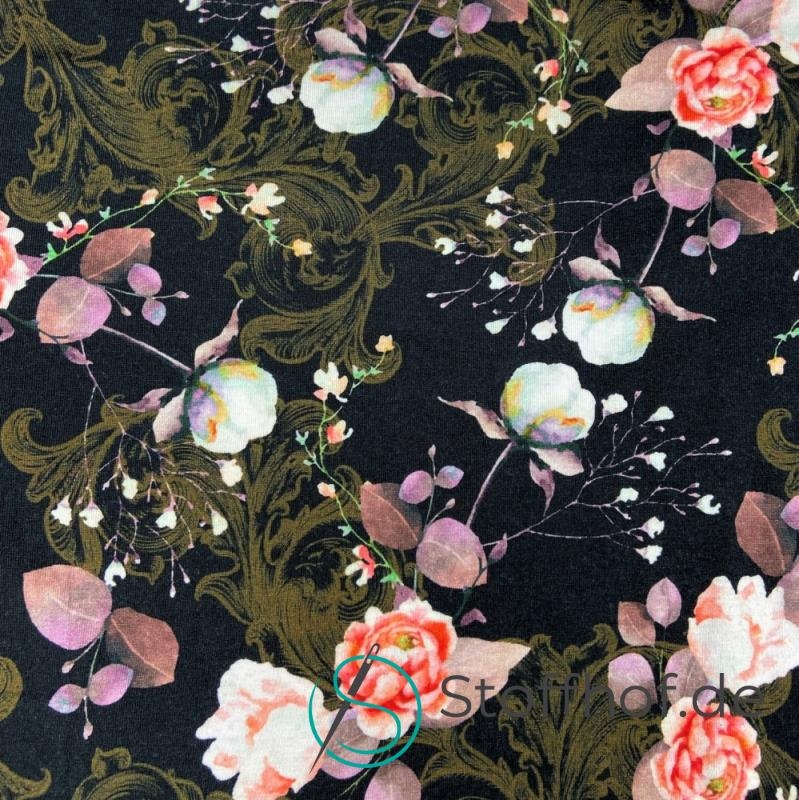 Baumwolljersey Boho Blumen / Schwarz mit Elasthan