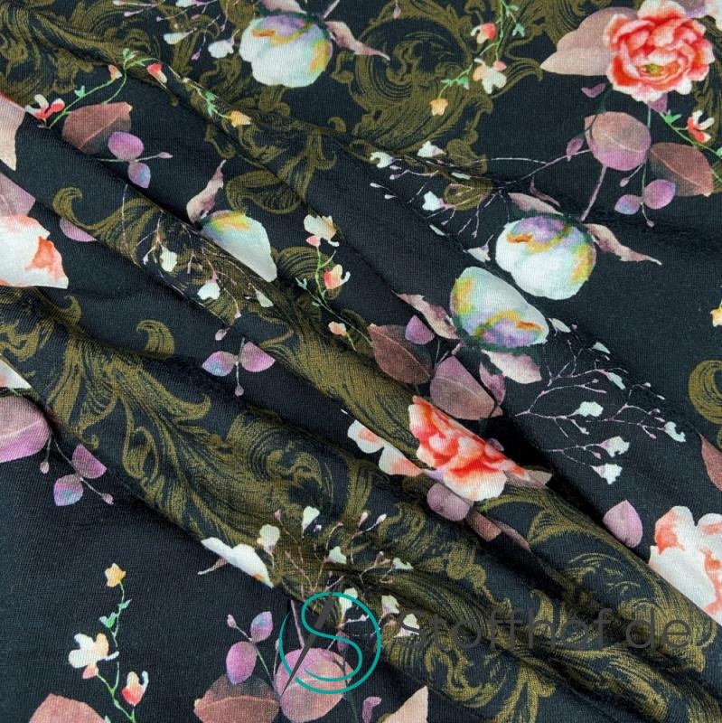 Baumwolljersey Boho Blumen / Schwarz mit Elasthan