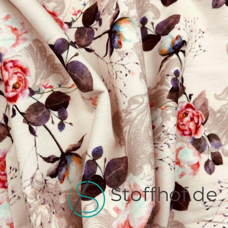 French Terry Sommersweat Boho Blumen / Rosa-Beige