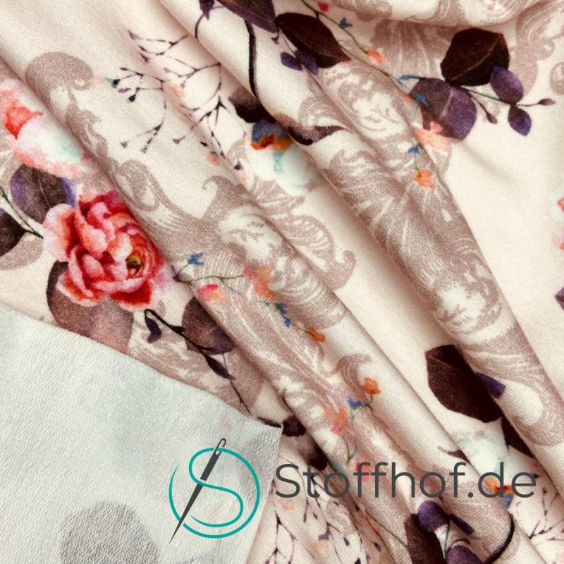 French Terry Sommersweat Boho Blumen / Rosa-Beige