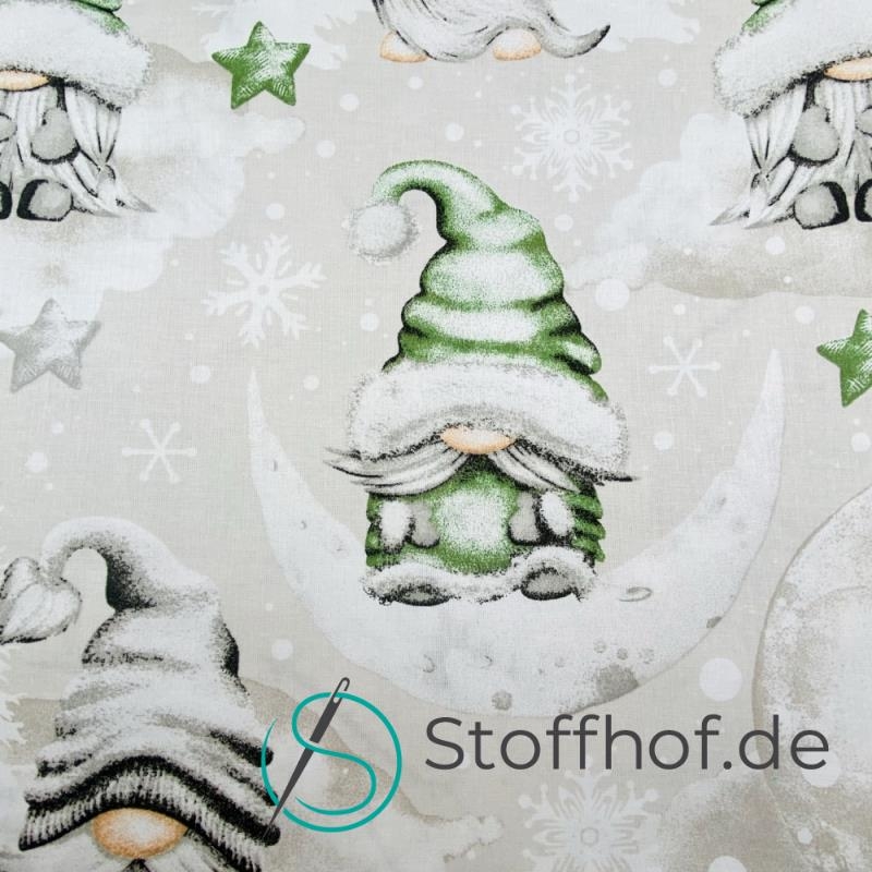 Baumwolle Weihnachtsgnome im Mondschein / Hellbeige