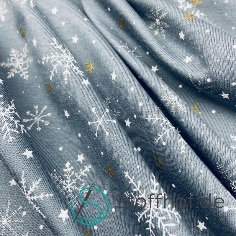 Baumwolljersey Schneeflocken mit Glitzer / Anthrazit