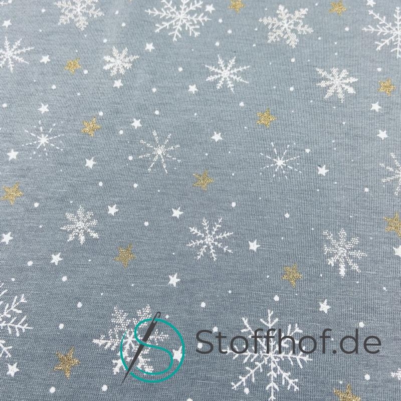 Baumwolljersey Schneeflocken mit Glitzer / Anthrazit